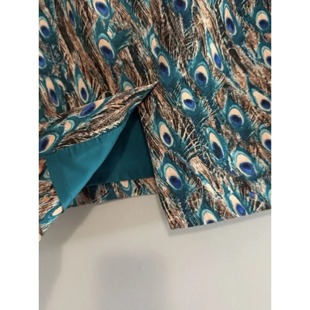 Talbots Peacock Feathers Print Pencil Skirt Stretch Knit 10 Petite Office Work